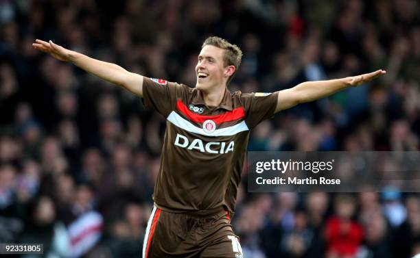 Max Kruse of St. Pauli celebrates after he scores his team' 1st goal during the Second Bundesliga match between FC St. Pauli and Energie Cottbus at...