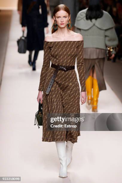 Model walks the runway at the Fendi show during Milan Fashion Week Fall/Winter 2018/19 on February 22, 2018 in Milan, Italy.