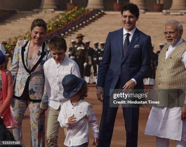 Canadian Prime Minister Justin Trudeau and his family with PM Narendra Modi at the ceremonial reception at Rashtrapati Bhawan on February 23, 2018 in...