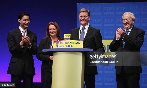 Guido Westerwelle , head of the German Free Democrats and new Vice Chancellor and Foreign Minister designate, smiles at a special congress of the FDP...
