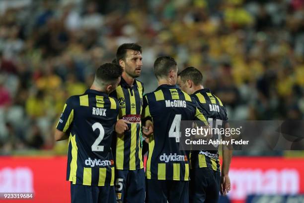 Antony Golec of the Mariners defends a free kick with team mates during the round 21 A-League match between the Central Coast Mariners and the...