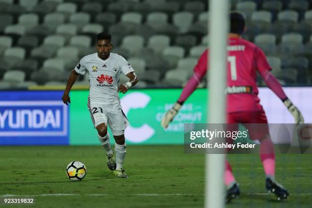 Roy Krishna of the Phoenix attempts a kick at goal during the round 21 A-League match between the Central Coast Mariners and the Wellington Phoenix...