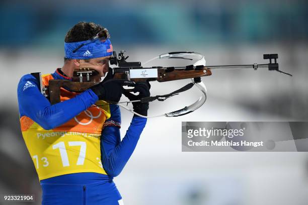 Tim Burke of the United States shoots during the Men's 4x7.5km Biathlon Relay on day 14 of the PyeongChang 2018 Winter Olympic Games at Alpensia...