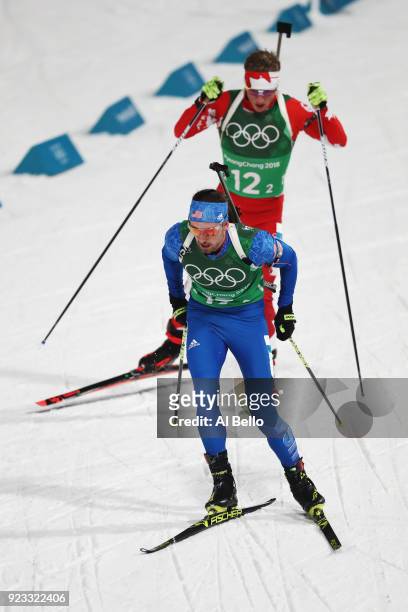Sean Doherty of the United States competes during the Men's 4x7.5km Biathlon Relay on day 14 of the PyeongChang 2018 Winter Olympic Games at Alpensia...