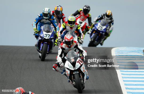 Loris Baz of France and GULF ALTHEA BMW Racing Team rides in the FIM Superbike World Championship Free Practice session ahead of the 2018 Superbikes...