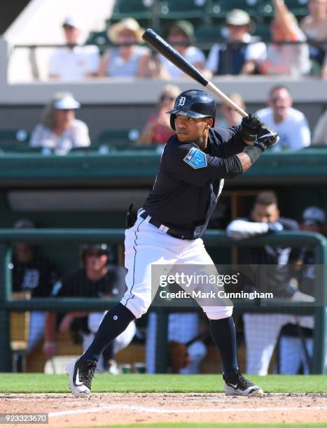 Alexi Amarista of the Detroit Tigers bats during the game against the Florida Southern Mocs at Publix Field at Joker Marchant Stadium on February 22,...