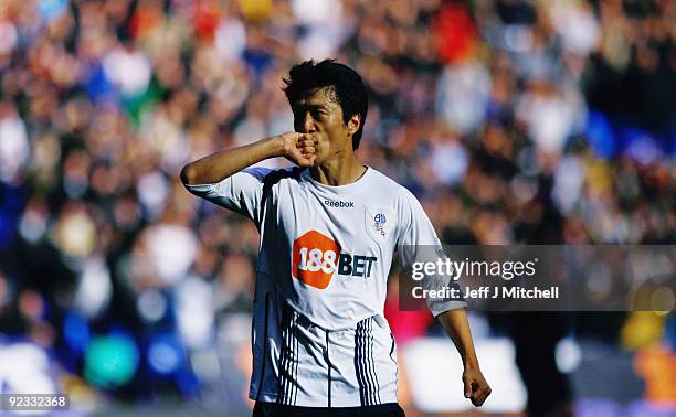 Chung -Yong Lee of Bolton Wanderers celebrates after scoring during the Barclays Premier League match between Bolton Wanderers and Everton at Reebok...