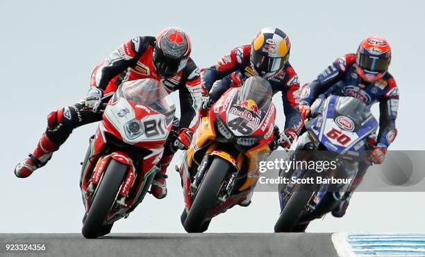 Jordi Torres of Spain and MV Agusta Reparto Corse, Jacob Gagne of the United States and Red Bull Honda World Superbike Team and Michael van der Mark...