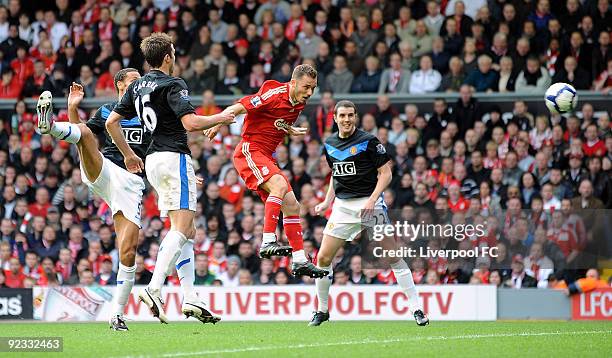 Fabio Aurelio of Liverpool comes close to scoring during the match between LiverpooL FC and Manchester United at Anfield on October 25, 2009 in...