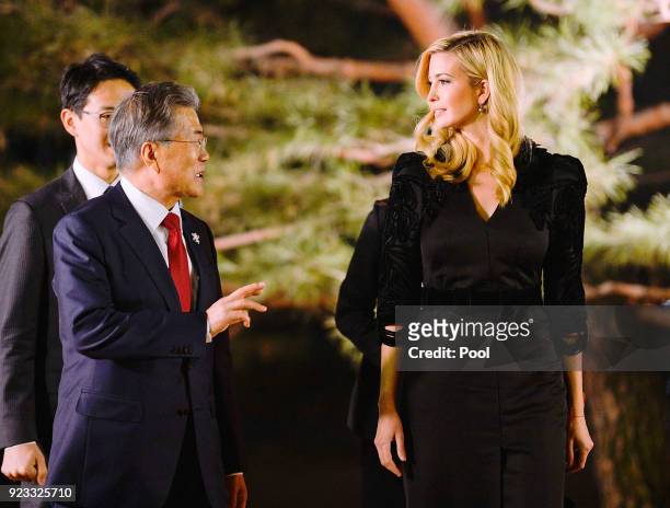 South Korean President Moon Jae-In talks with Ivanka Trump during their dinner at the Presidential Blue House on February 23, 2018 in Seoul, South...