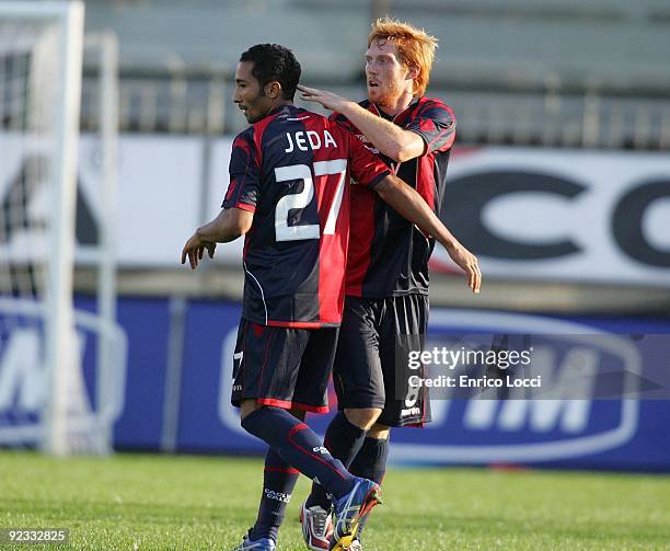 Davide Biondini of Cagliari celebrates a goal with Neves Capucho Jeda during the Serie A match between Cagliari and Genoa CFC at Stadio Sant'Elia on...