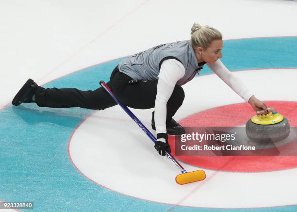 Anna Sloan of Great Britain delivers a stone during the Women's Semi Final match between Great Britain and Sweden on day fourteen of the PyeongChang...