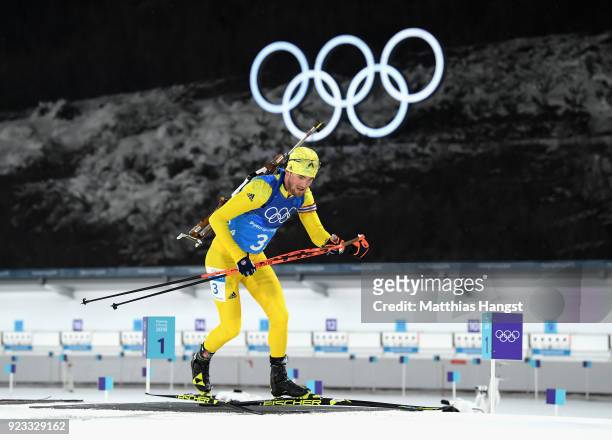 Fredrik Lindstroem of Sweden competes during the Men's 4x7.5km Biathlon Relay on day 14 of the PyeongChang 2018 Winter Olympic Games at Alpensia...
