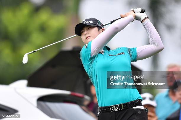 Sung Hyun Park of Republic of Korea tees off at 8th hole during the Honda LPGA Thailand at Siam Country Club on February 23, 2018 in Chonburi,...