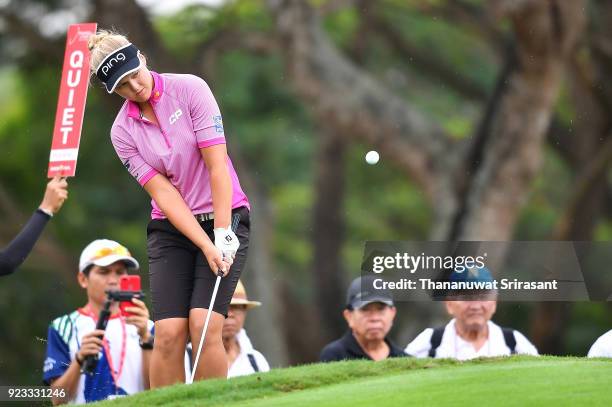 Brooke M. Henderson of Canada plays the shot during the Honda LPGA Thailand at Siam Country Club on February 23, 2018 in Chonburi, Thailand.