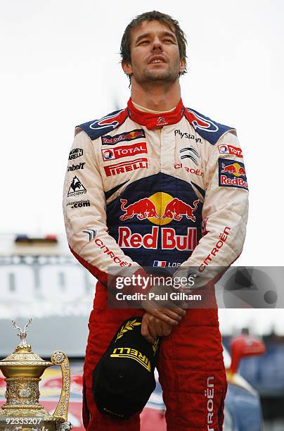 Sebastien Loeb of France and Citroen Total WRT and reflects on winning the World Championship and the Wales Rally GB at Cardiff Bay on October 25,...