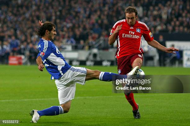 Halil Altintop of Schalke is challenged by Joris Mathijsen of Hamburg during the Bundesliga match between FC Schalke 04 and Hamburger SV at Veltins...