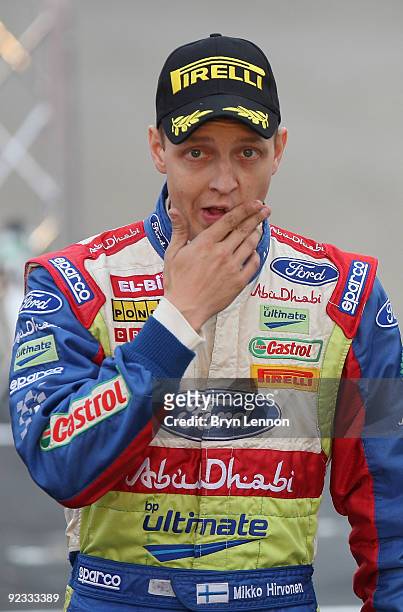 Mikko Hirvonen of Finland and BP Ford Abu Dhabi World Rally Team looks on after losing the World Rally Championship and 2009 Wales Rally GB to...