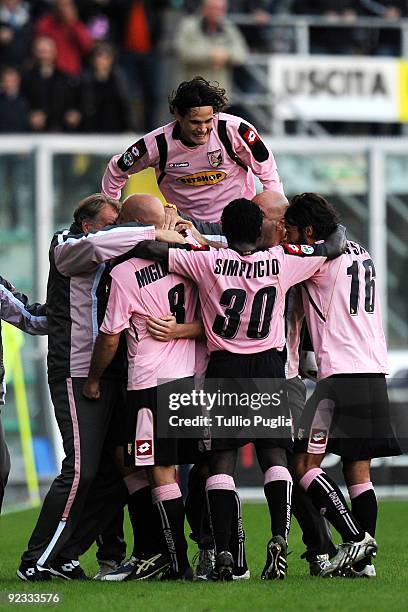 Cesare Bovo is congratulated after scoring the winning goal during the Serie A match between US Citta di Palermo and Udinese Calcio at Stadio Renzo...