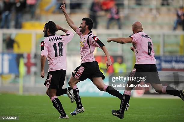 Mattia Cassani , Cesare Bovo and Giulio Migliaccio of Palermo celebrate the winning goal during the Serie A match between US Citta di Palermo and...