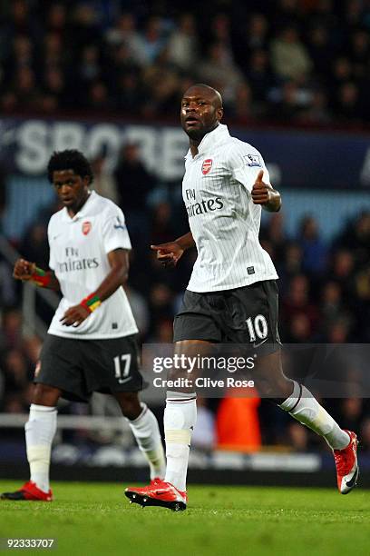 William Gallas of Arsenal celebrates scoring during the Barclays Premier League match between West Ham United and Arsenal at Boleyn Ground on October...
