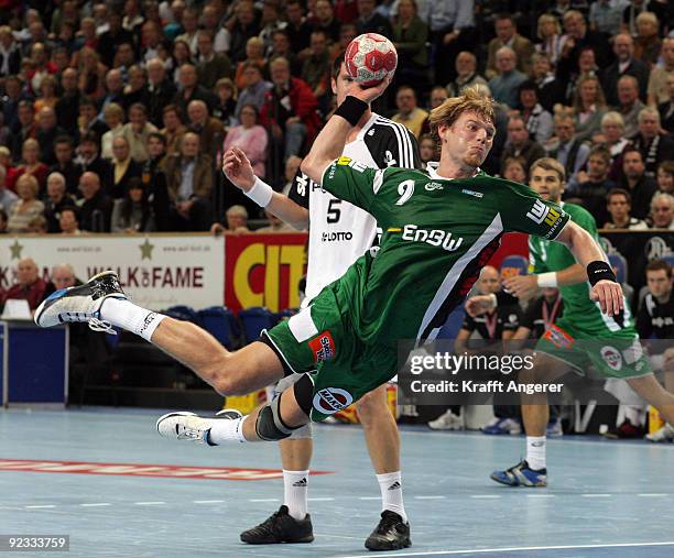 Manuel Spaeth of Goeppingen in action during the Toyota Handball Bundesliga match between THW Kiel and Frisch Auf Goeppingen at the Sparkassen Arena...