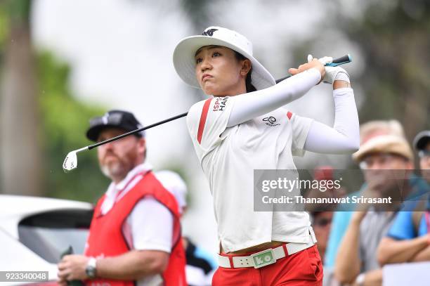 Lydia Ko of New Zealand tees off at 8th hole during the Honda LPGA Thailand at Siam Country Club on February 23, 2018 in Chonburi, Thailand.