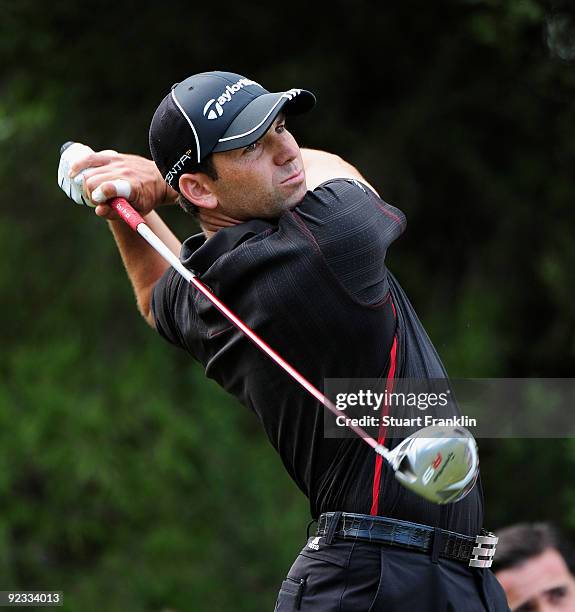 Sergio Garcia of Spain plays his tee shot on the 11th hole during the final round of the Castello Masters Costa Azahar at the Club de Campo del...