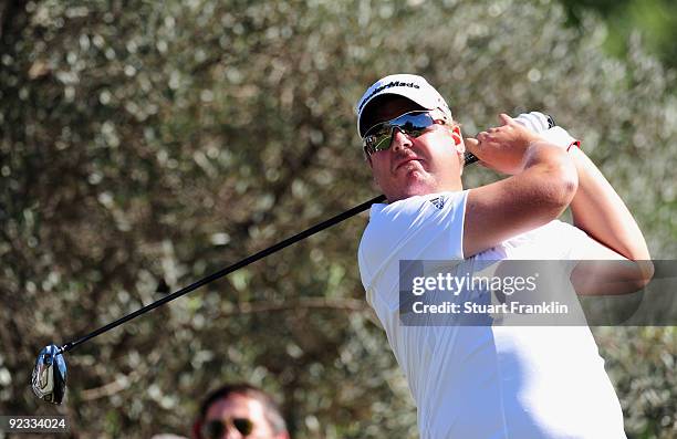 Michael Jonzon of Sweden plays his tee shot on the third hole during the final round of the Castello Masters Costa Azahar at the Club de Campo del...