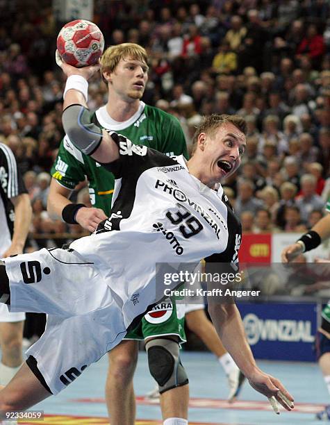 Filip Jicha of Kiel in action during the Toyota Handball Bundesliga match between THW Kiel and Frisch Auf Goeppingen at the Sparkassen Arena on...