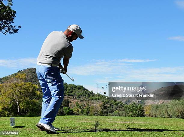 Christian Nilsson of Sweden plays his tee shot on the second hole during the final round of the Castello Masters Costa Azahar at the Club de Campo...
