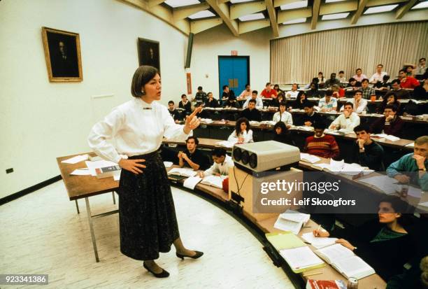 American academic Professor Elizabeth Warren teaches an unspecified class at University of Pennsylvania Law School, Philadelphia, Pennsylvania, early...