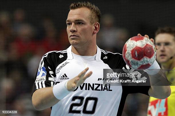 Christian Zeitz of Kiel in action during the Toyota Handball Bundesliga match between THW Kiel and Frisch Auf Goeppingen at the Sparkassen Arena on...