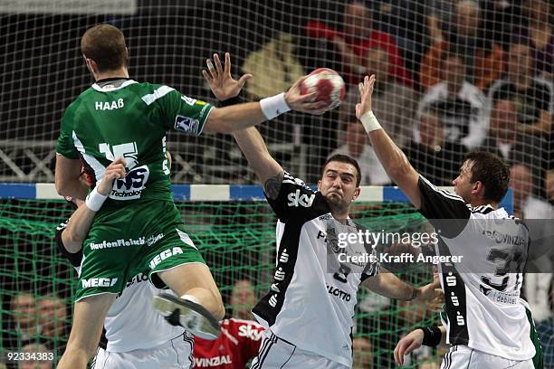 Michael Haass of Goeppingen in action during the Toyota Handball Bundesliga match between THW Kiel and Frisch Auf Goeppingen at the Sparkassen Arena...