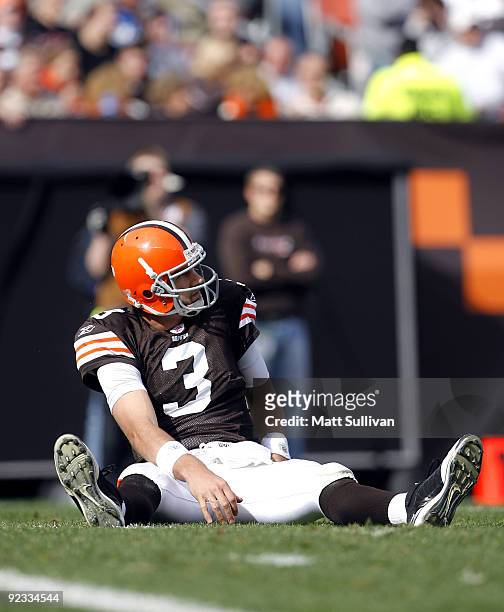 Derek Anderson of the Cleveland Browns reacts after being sacked by the Green Bay Packers at Cleveland Browns at Cleveland Browns Stadium on October...