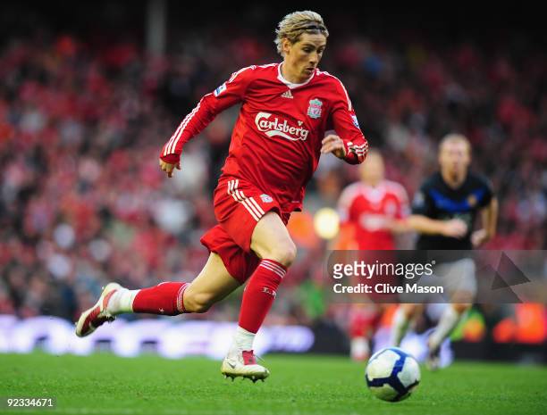 Fernando Torres of Liverpool in action during the Barclays Premier League match between Liverpool and Manchester United at Anfield on October 25,...