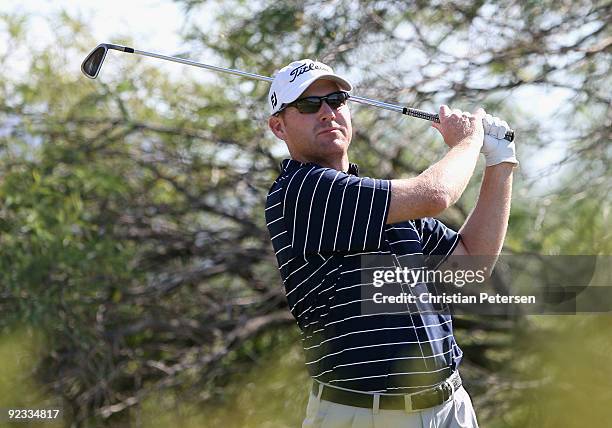 Troy Matteson hits a tee shot on the second hole during the fourth round of the Frys.com Open at Grayhawk Golf Club on October 25, 2009 in...