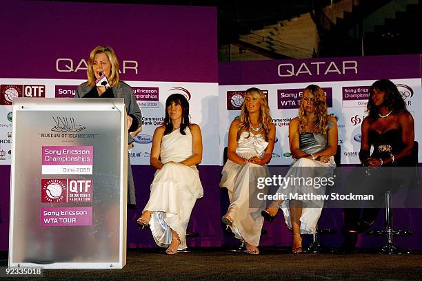 Sony Ericsson WTA Tour CEO Stacey Allaster addresses the audiance during the draw ceremony for the Sony Ericsson WTA Championships at the Museum of...