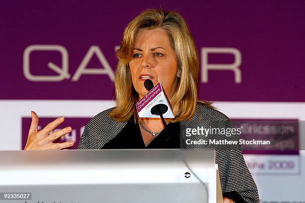 Sony Ericsson WTA Tour CEO Stacey Allaster addresses the audiance during the draw ceremony for the Sony Ericsson WTA Championships at the Museum of...
