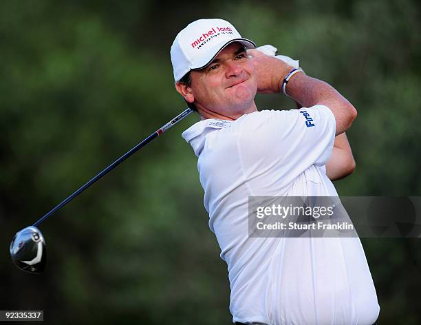 Paul Lawrie of Scotland plays his tee shot on the fourth hole during the final round of the Castello Masters Costa Azahar at the Club de Campo del...