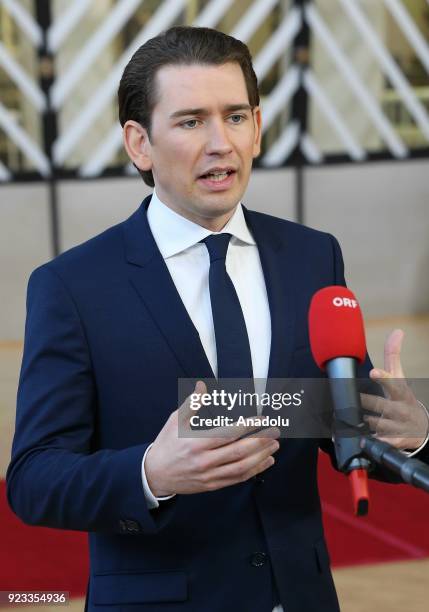 Prime Minister of Austria Sebastian Kurz answers the questions of press members as he arrives to attend the EU members' informal meeting of the 27...