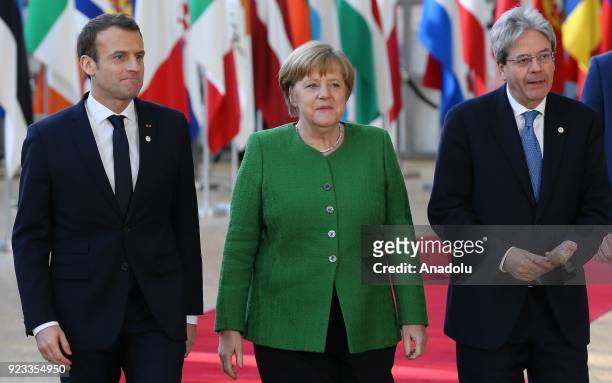 German Prime Minister Angela Merkel , French President Emmanuel Macron and Italian Prime Minister Paolo Gentiloni attend the EU members' informal...