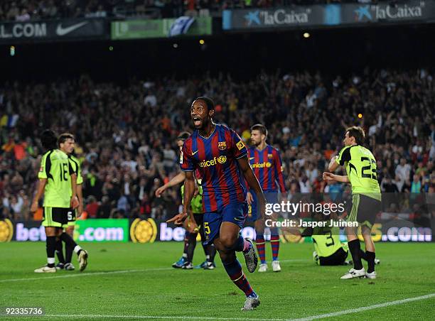 Seydou Keita of FC Barcelona celebrates scoring his sides opening goal during the La Liga match between FC Barcelona and Real Zaragoza at the Camp...