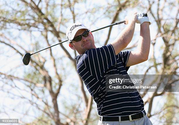 Troy Matteson hits a tee shot on the ninth hole during the fourth round of the Frys.com Open at Grayhawk Golf Club on October 25, 2009 in Scottsdale,...