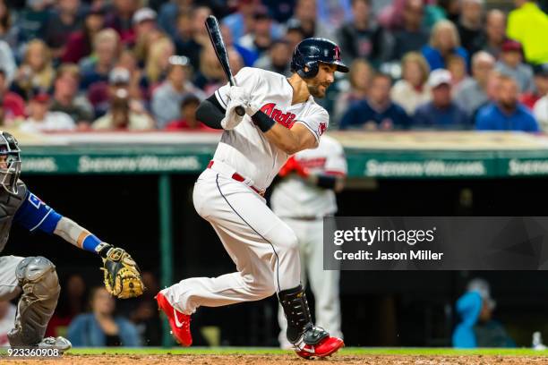 Lonnie Chisenhall of the Cleveland Indians at bat during the fifth inning against the Texas Rangers at Progressive Field on June 26, 2017 in...