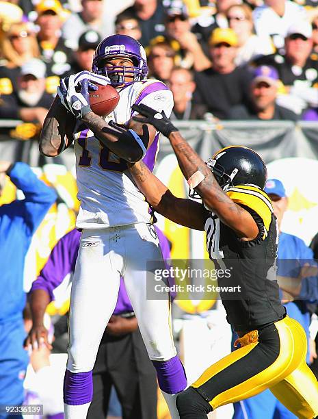 Sidney Rice of the Minnesota Vikings makes a catch as Ike Taylor of the Pittsburgh Steelers defends at Heinz Field on October 25, 2009 in Pittsburgh,...