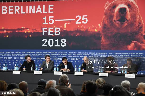 Fabian Maubach, Jochen Laube, Franz Rogowski, Thomas Stuber, Sandra Hueller and Peter Kurth attend the 'In the Aisles' press conference during the...