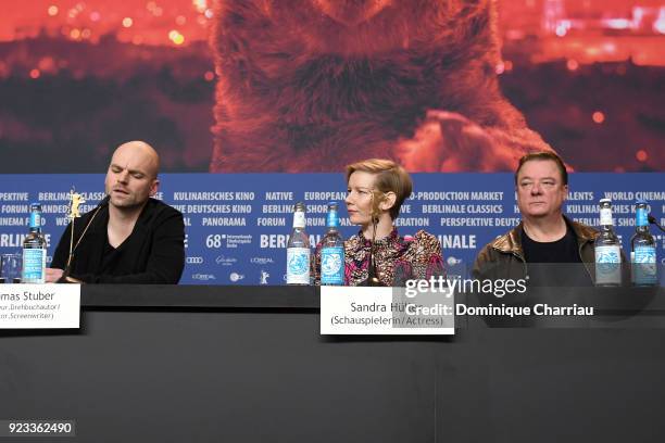 Thomas Stuber, Sandra Hueller and Peter Kurth are seen at the 'In the Aisles' press conference during the 68th Berlinale International Film Festival...