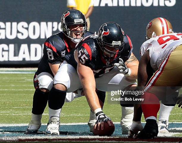 Quarterback Matt Schaub of the Houston Texans takes the snap from center Chris myers against the San Francisco 49ers at Reliant Stadium on October...