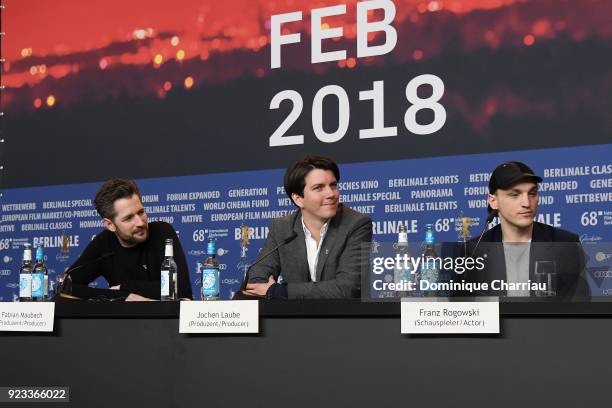 Fabian Maubach, Jochen Laube ad Franz Rogowski are seen at the 'In the Aisles' press conference during the 68th Berlinale International Film Festival...